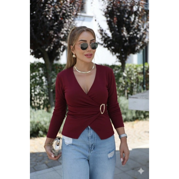 MARSiLYAN- Kadın Uzun Kollu Kruvaze Yakalı Toka Detaylı Viskon Bluz