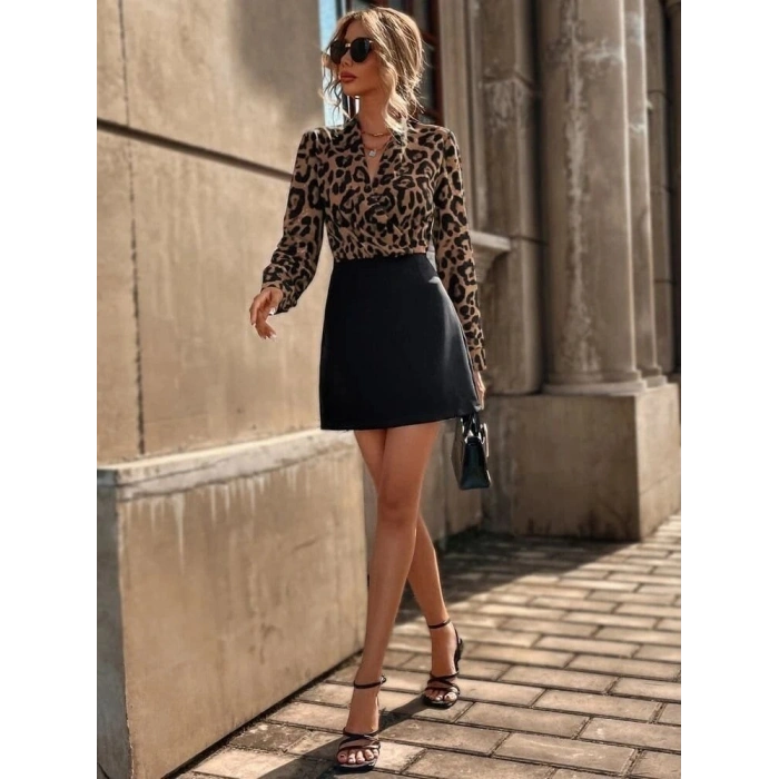 MARSiLYAN- Kadın Uzun Kollu Kruvaze Yakalı üst Dalgıç Alt Ithal Krep Mini Elbise