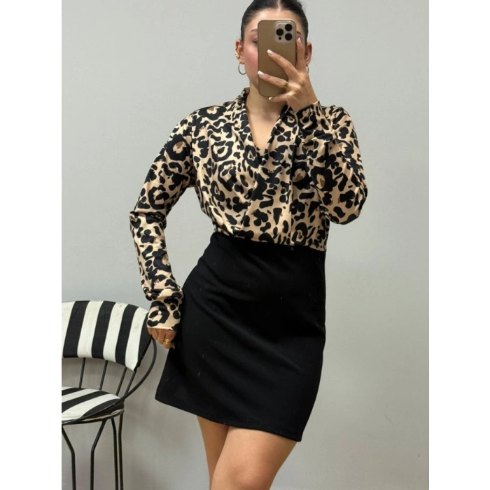 MARSiLYAN- Kadın Uzun Kollu Kruvaze Yakalı üst Dalgıç Alt Ithal Krep Mini Elbise