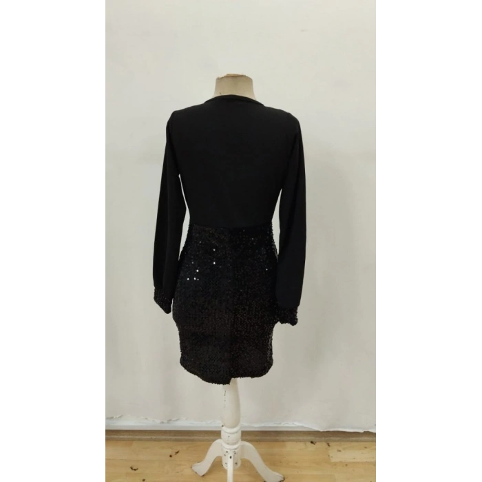 MARSiLYAN- Kadın Uzun Kollu Kruvaze Yakalı üst Ithal Krep Alt Pulpayetli Mini Ithal Krep Elbise