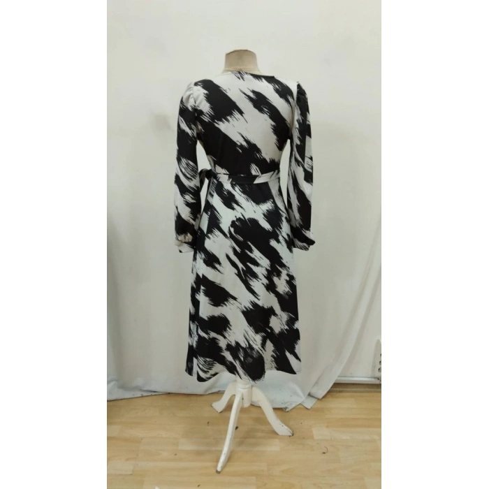 MARSiLYAN- Kadın Uzun Kollu Kruvaze Yakalı Yandan Bağlamalı Desenli Mini Modal Elbise