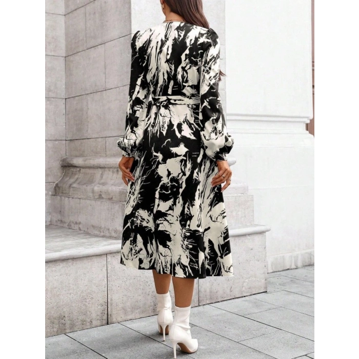 MARSiLYAN- Kadın Uzun Kollu Kruvaze Yakalı Yandan Bağlamalı Desenli Mini Modal Elbise