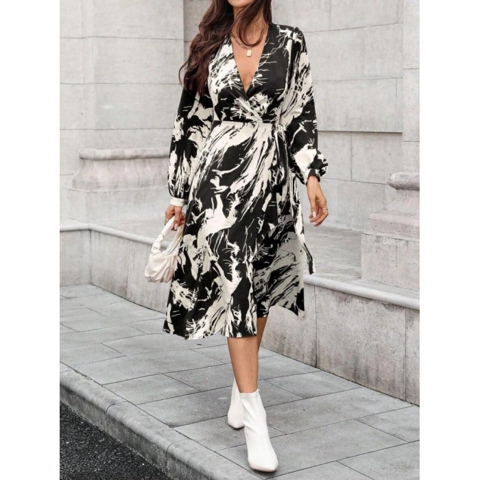 MARSiLYAN- Kadın Uzun Kollu Kruvaze Yakalı Yandan Bağlamalı Desenli Mini Modal Elbise