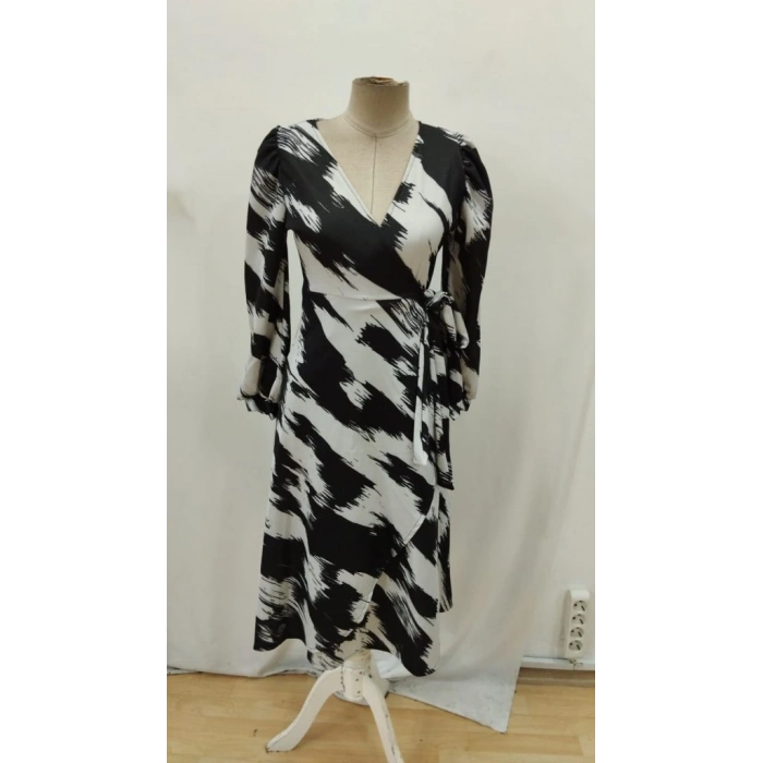 MARSiLYAN- Kadın Uzun Kollu Kruvaze Yakalı Yandan Bağlamalı Desenli Mini Modal Elbise