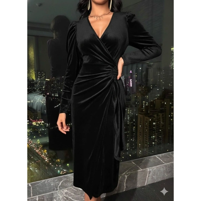 MARSiLYAN- Kadın Uzun Kollu Kruvaze Yakalı Yandan Büzgülü Midi Kadife Elbise