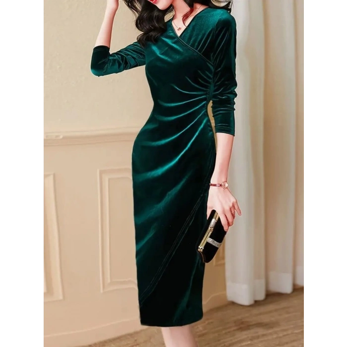 MARSiLYAN- Kadın Uzun Kollu Kruvaze Yakalı Yandan Büzgülü önden çapraz Detaylı Midi Kadife Elbise