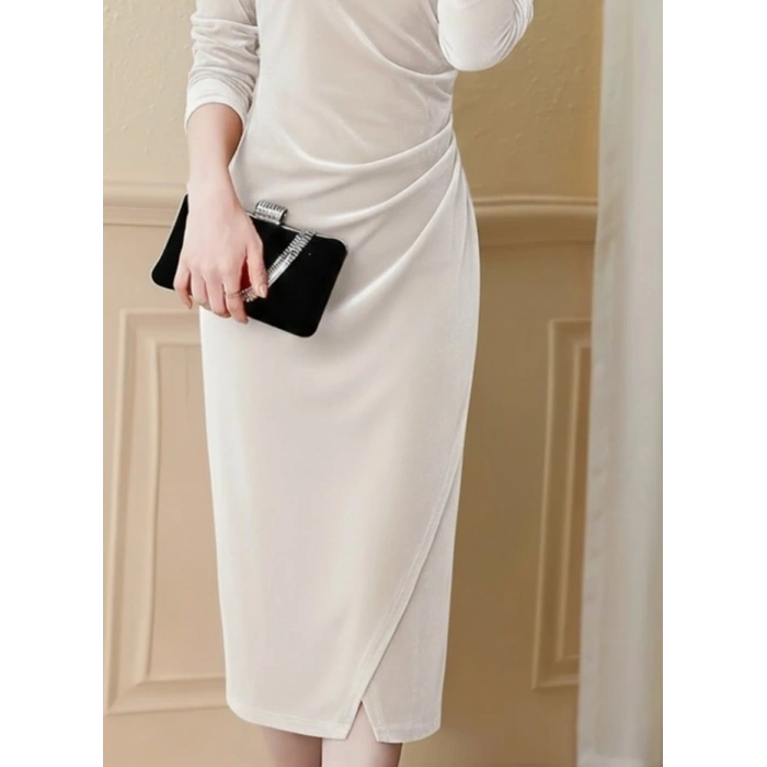 MARSiLYAN- Kadın Uzun Kollu Kruvaze Yakalı Yandan Büzgülü önden çapraz Detaylı Midi Kadife Elbise