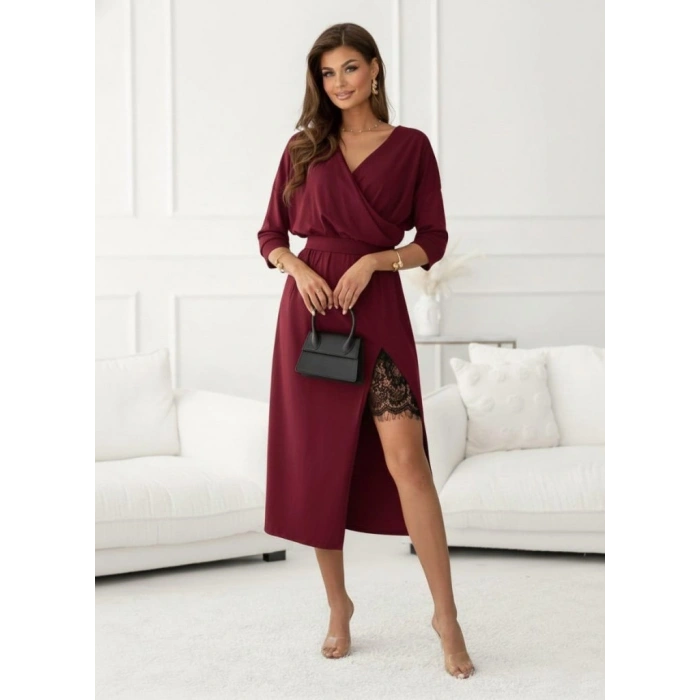 MARSiLYAN- Kadın Uzun Kollu Kruvaze Yakalı Yandan Dantelli Midi Ithal Krep Elbise