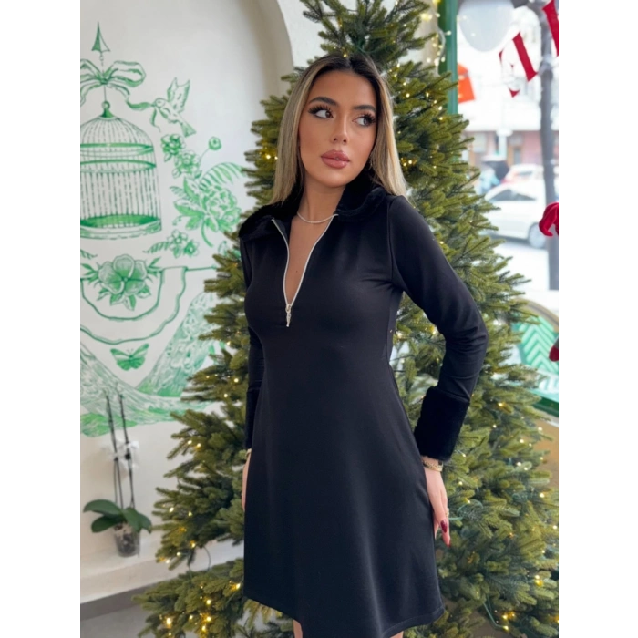 MARSiLYAN- Kadın Uzun Kollu Kürk Yakalı Fermuarlı Kısa Viskon Iki Iplik Elbise