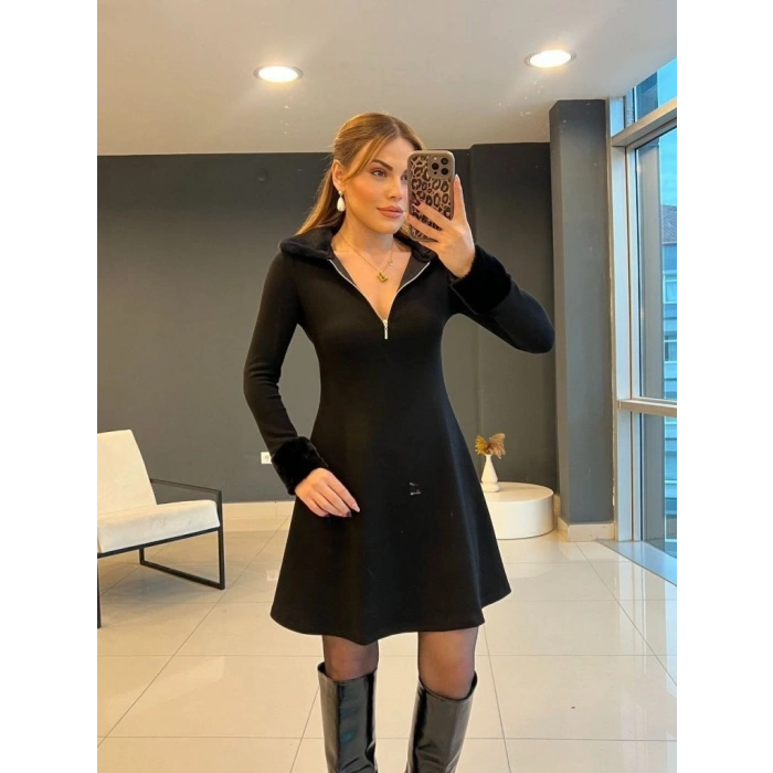 MARSiLYAN- Kadın Uzun Kollu Kürk Yakalı Fermuarlı Kısa Viskon Iki Iplik Elbise