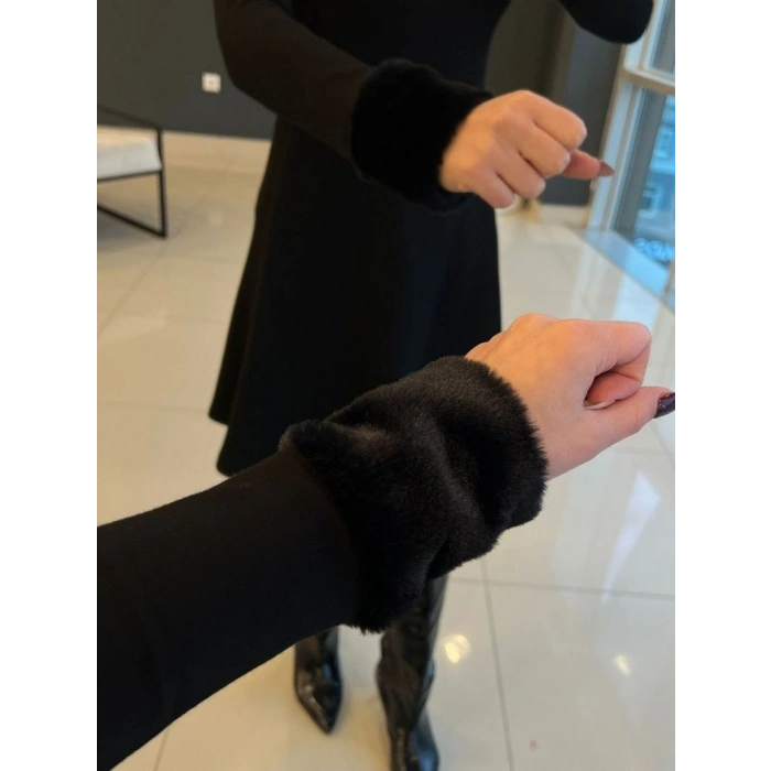 MARSiLYAN- Kadın Uzun Kollu Kürk Yakalı Fermuarlı Kısa Viskon Iki Iplik Elbise