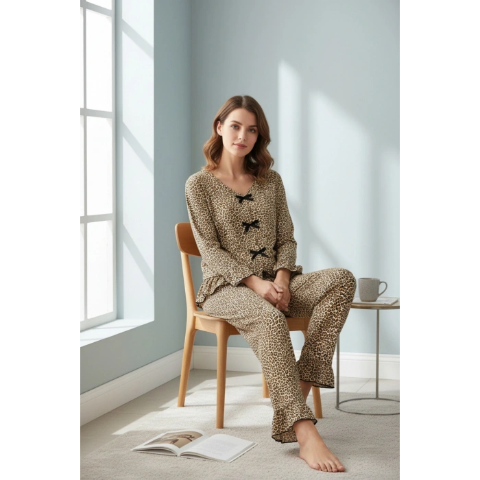 MARSiLYAN- Kadın Uzun Kollu Leopar Desenli Fiyonklu Ev Giyim Pijama Takımı