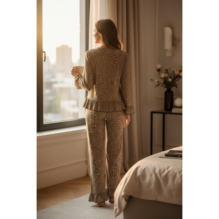 MARSiLYAN- Kadın Uzun Kollu Leopar Desenli Fiyonklu Ev Giyim Pijama Takımı