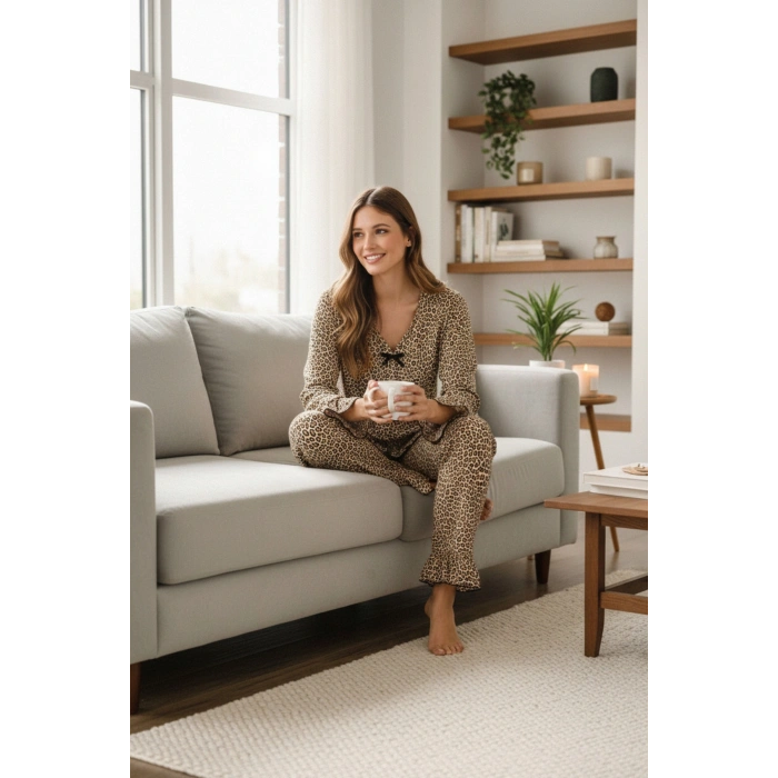 MARSiLYAN- Kadın Uzun Kollu Leopar Desenli Fiyonklu Ev Giyim Pijama Takımı
