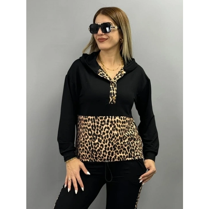 MARSiLYAN- Kadın Uzun Kollu Leopar Detay Sweat Ve Yanı Leopar şerit Detay Pantolon Ikili Takım
