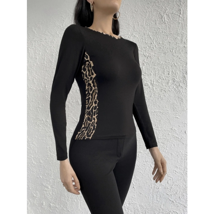 MARSiLYAN- Kadın Uzun Kollu Leopar şeritli Viskon Bluz