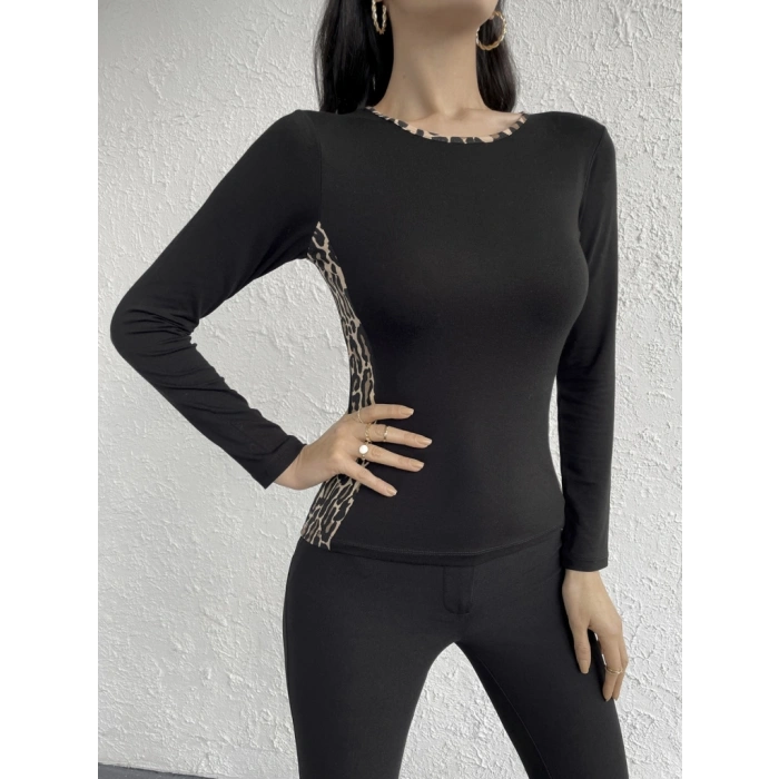 MARSiLYAN- Kadın Uzun Kollu Leopar şeritli Viskon Bluz