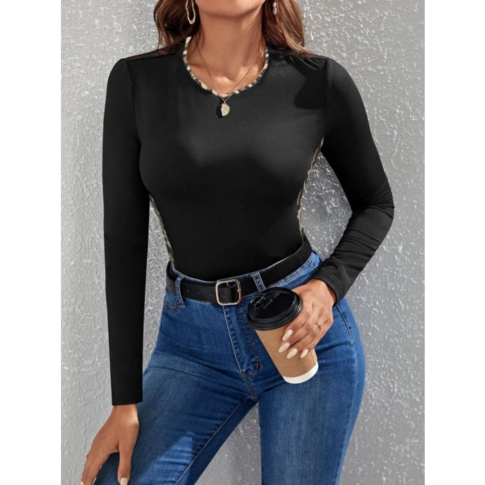 MARSiLYAN- Kadın Uzun Kollu Leopar şeritli Viskon Bluz