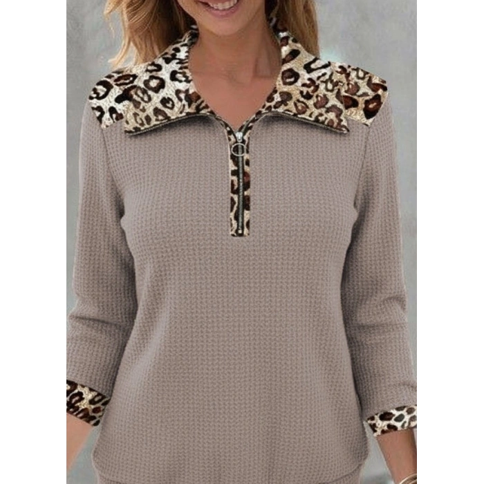 MARSiLYAN- Kadın Uzun Kollu Leopar Yakalı Fermuarlı Waffle Bluz