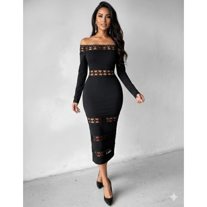 MARSiLYAN- Kadın Uzun Kollu Madonna Dantel Yaka Yırtmaçlı Midi Dalgıç Elbise