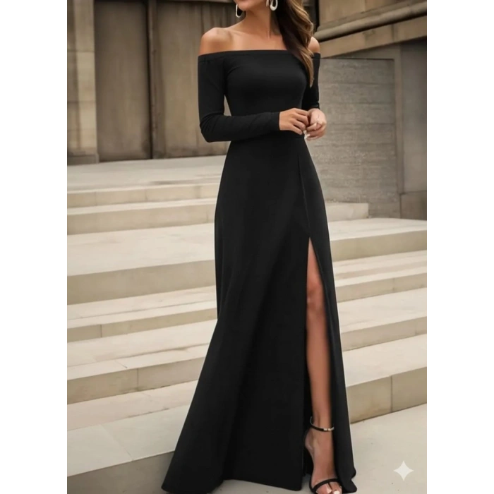 MARSiLYAN- Kadın Uzun Kollu Madonna Yakalı Yırtmaç Detaylı Uzun Ithal Krep Elbise