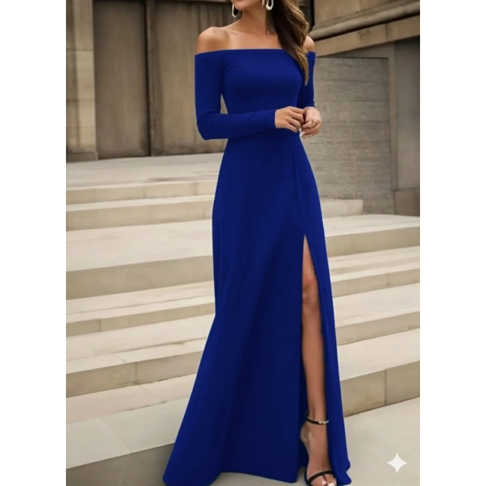 MARSiLYAN- Kadın Uzun Kollu Madonna Yakalı Yırtmaç Detaylı Uzun Ithal Krep Elbise