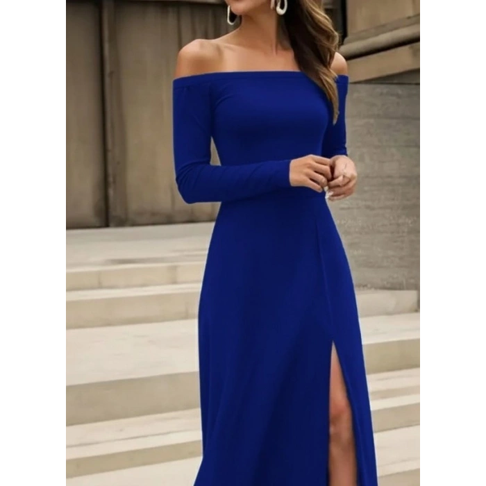 MARSiLYAN- Kadın Uzun Kollu Madonna Yakalı Yırtmaç Detaylı Uzun Ithal Krep Elbise