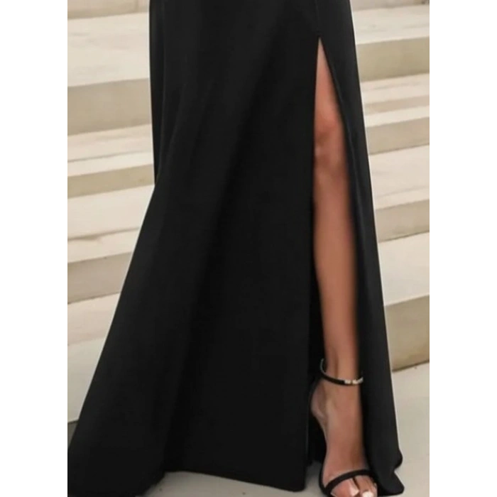 MARSiLYAN- Kadın Uzun Kollu Madonna Yakalı Yırtmaç Detaylı Uzun Ithal Krep Elbise