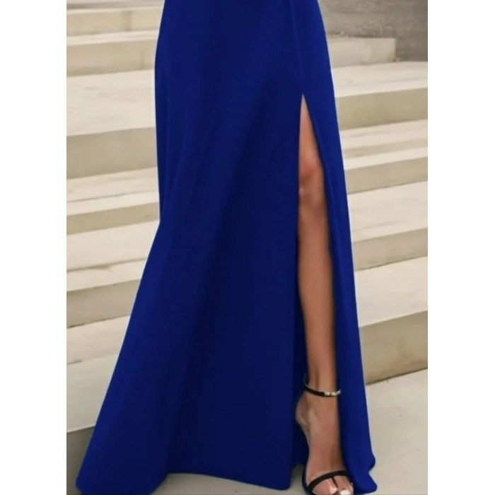 MARSiLYAN- Kadın Uzun Kollu Madonna Yakalı Yırtmaç Detaylı Uzun Ithal Krep Elbise