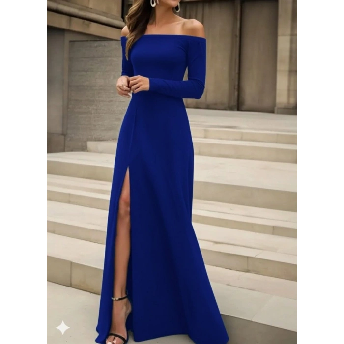 MARSiLYAN- Kadın Uzun Kollu Madonna Yakalı Yırtmaç Detaylı Uzun Ithal Krep Elbise