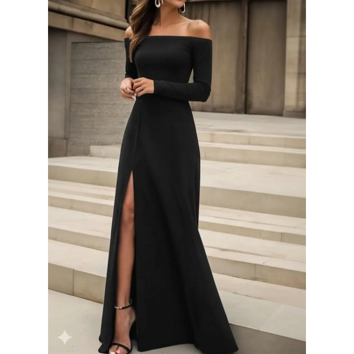 MARSiLYAN- Kadın Uzun Kollu Madonna Yakalı Yırtmaç Detaylı Uzun Ithal Krep Elbise