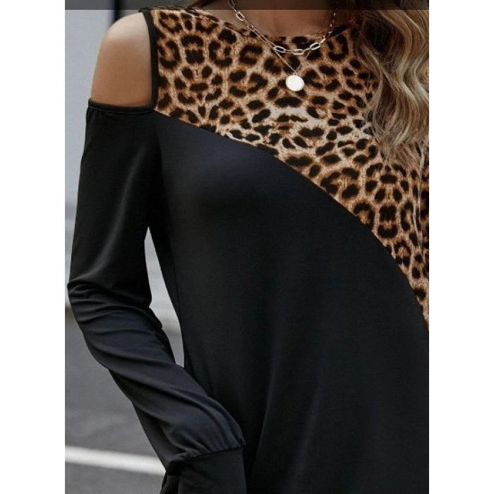 MARSiLYAN- Kadın Uzun Kollu Omuzdan Açık Leopar Desenli Viskon Iki Iplik Mini Elbise