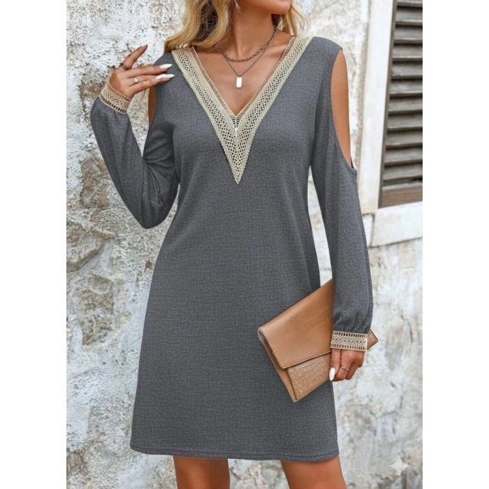 MARSiLYAN- Kadın Uzun Kollu Omuzdan Açık V Dantel Yakalı Mini Waffle Elbise