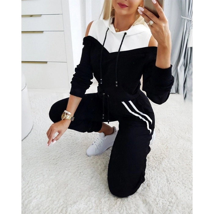 MARSiLYAN- Kadın Uzun Kollu Omuzlardan Açık Kapşonlu Bağcıklı çift Renkli Viskon Iki Iplik Bluz Ve Pantolon Ikili Takım