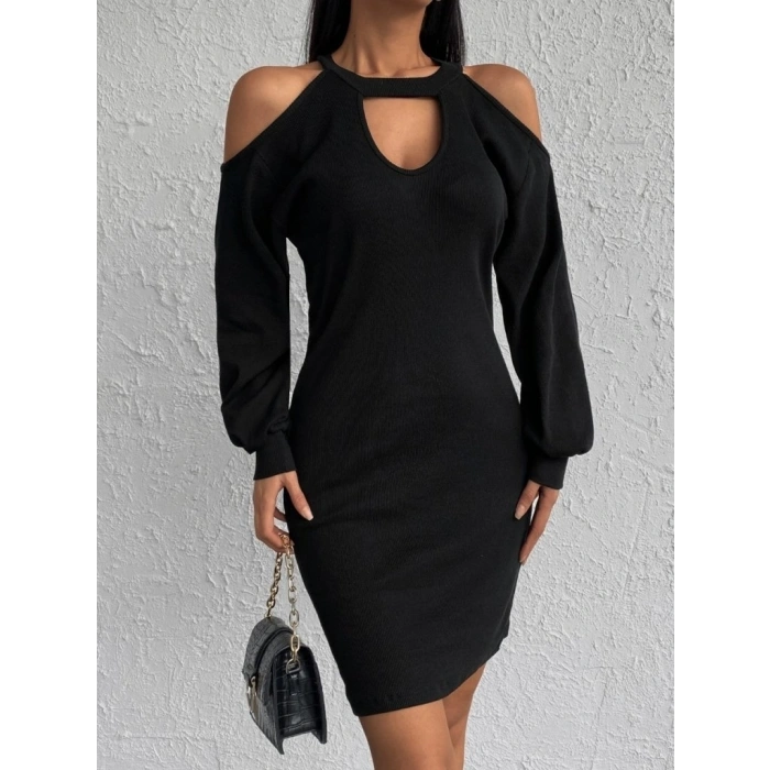 MARSiLYAN- Kadın Uzun Kollu Omuzları Açık Boyundan şerit Detay Kaşkorse Elbise