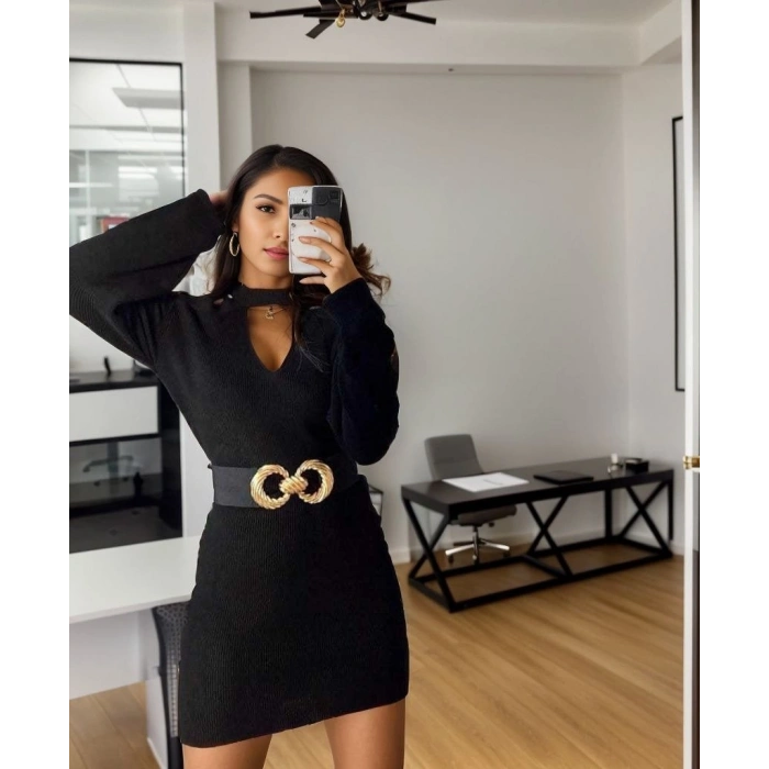 MARSiLYAN- Kadın Uzun Kollu Omuzları Açık Boyundan şerit Detay Kaşkorse Elbise