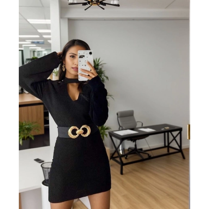 MARSiLYAN- Kadın Uzun Kollu Omuzları Açık Boyundan şerit Detay Kaşkorse Elbise