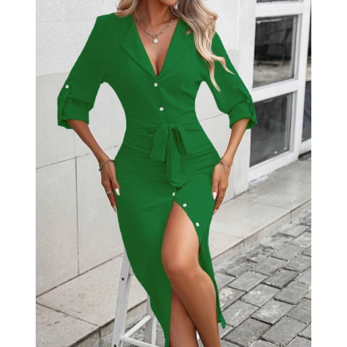 MARSiLYAN- Kadın Uzun Kollu önden Düğmeli Beli Kuşaklı Aerobin Midi Elbise