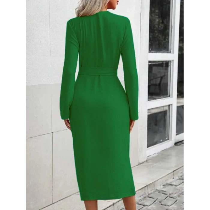 MARSiLYAN- Kadın Uzun Kollu önden Düğmeli Beli Kuşaklı Aerobin Midi Elbise