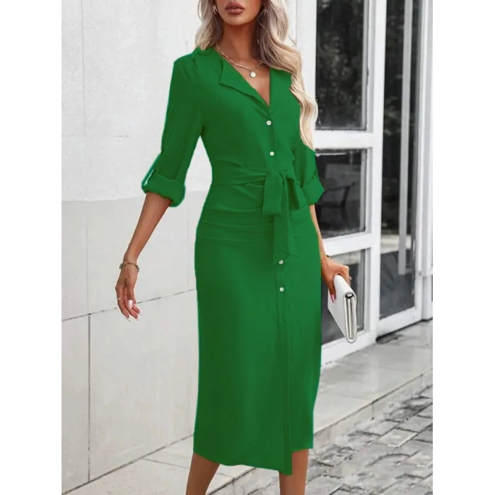 MARSiLYAN- Kadın Uzun Kollu önden Düğmeli Beli Kuşaklı Aerobin Midi Elbise