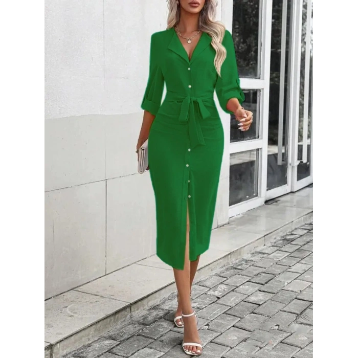 MARSiLYAN- Kadın Uzun Kollu önden Düğmeli Beli Kuşaklı Aerobin Midi Elbise