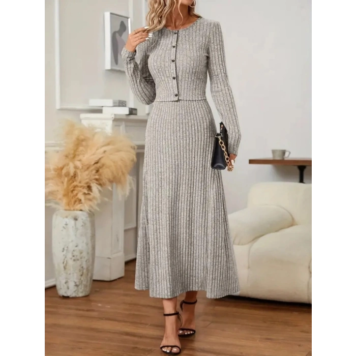 MARSiLYAN- Kadın Uzun Kollu önden Düğmeli Bluz Ve Yüksek Bel A Kesim Uzun Etek şardonlu Kaşkorse Ikili Takım