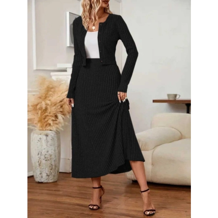 MARSiLYAN- Kadın Uzun Kollu önden Düğmeli Bluz Ve Yüksek Bel A Kesim Uzun Etek şardonlu Kaşkorse Ikili Takım