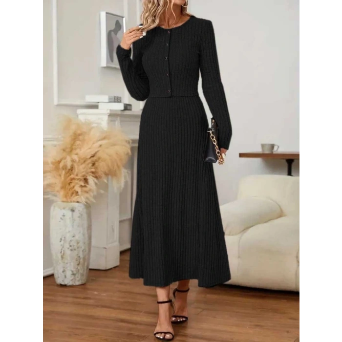 MARSiLYAN- Kadın Uzun Kollu önden Düğmeli Bluz Ve Yüksek Bel A Kesim Uzun Etek şardonlu Kaşkorse Ikili Takım