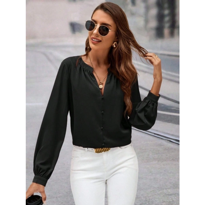MARSiLYAN- Kadın Uzun Kollu önden Düğmeli Hakim Yaka Ithal Krep Bluz