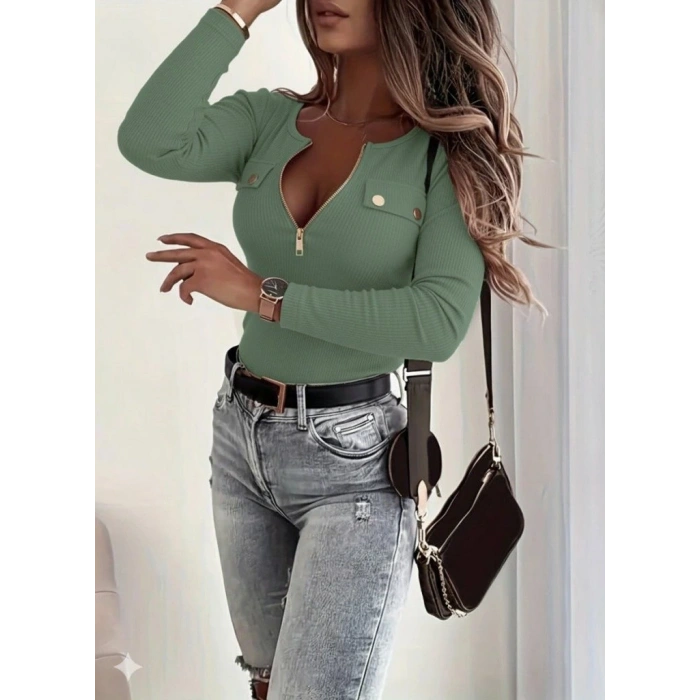 MARSiLYAN- Kadın Uzun Kollu önden Fermuar Ve Cepli Kaşkorse Bluz