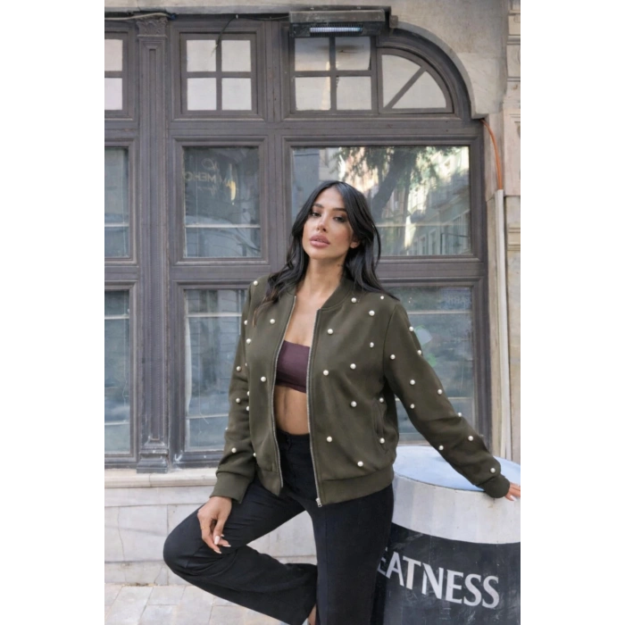 MARSiLYAN- Kadın Uzun Kollu önden Fermuarlı Incili Kısa Modal Ceket