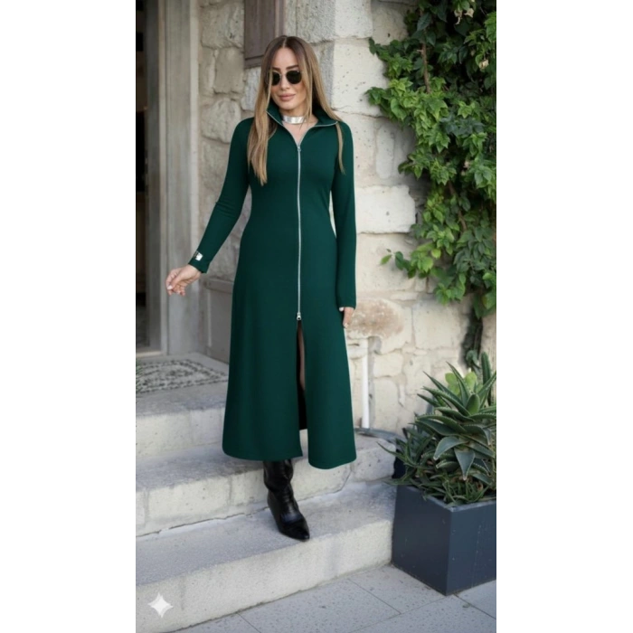 MARSiLYAN- Kadın Uzun Kollu önden Fermuarlı Ithal Krep Elbise