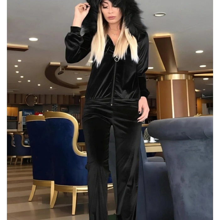 MARSiLYAN- Kadın Uzun Kollu önden Fermuarlı Kapşon Tüy Detaylı Kadife Bluz Ve Pantolon Ikili Takım