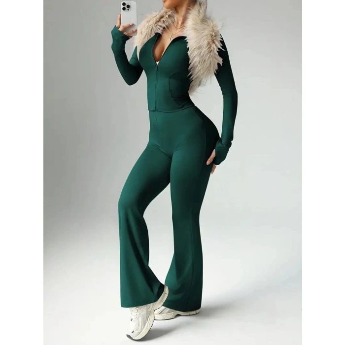 MARSiLYAN- Kadın Uzun Kollu önden Fermuarlı Kısa Dalgıç Bluz Ve Pantolon Ikili Takım